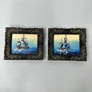 Set of 2 Vintage Miniature Oil Paintings Sailing Ships Ornate Frames Dynasty Art